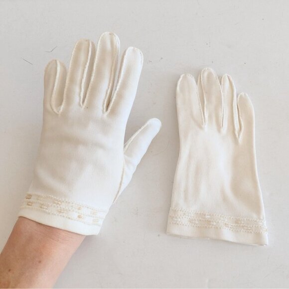 Unbranded Accessories - Vintage White Fashion Gloves Beaded Trim Womens One Size